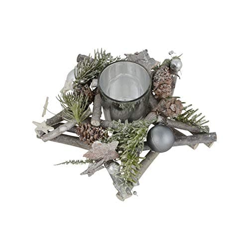 Image of 20cm Star Wooden Christmas Candle Holder Decoration Rustic Grey Sticks White Stars Silver Baubles Pine Cones Tealight Votive Festive Tabletop