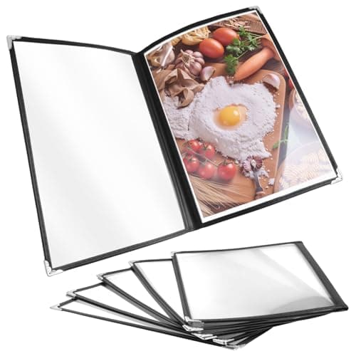 Image of QWORK® 5 Pack Black A4 Menu Covers, 2 Fold Double View, for Restaurants, Hotels, Bars, Highly Transparent PVC Material, Metal Edge