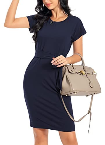 Image of PCEAIIH Women's Summer Striped Short Sleeve T Shirt Dress Casual Tie Waist Dress with Pockets Navy