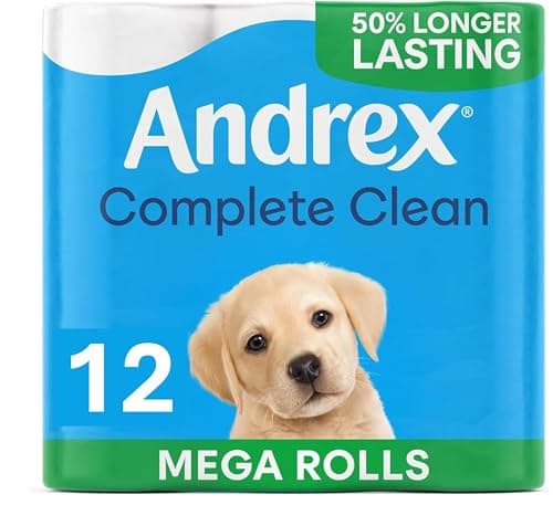 Image of Andrex Classic Clean Mega Toilet Roll - 12 Mega XL - Same Quality Toilet Roll, Lasts Even Longer, 12 Mega Toilet Rolls = 18 Standard Rolls, Paper, White - 2-Ply,Packaging may vary
