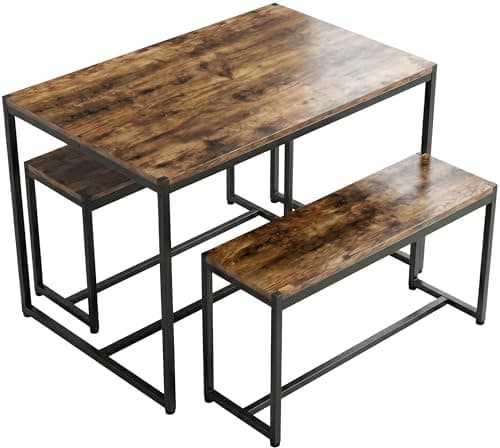 Image of Blisswood Dining Table and Bench Set, 110cm Wooden Kitchen Table with 2 Benches for 4 Seater, Industrial Dining Table Set with Metal Frame for Small Spaces, Space Saving Dining Room Furniture, Rustic