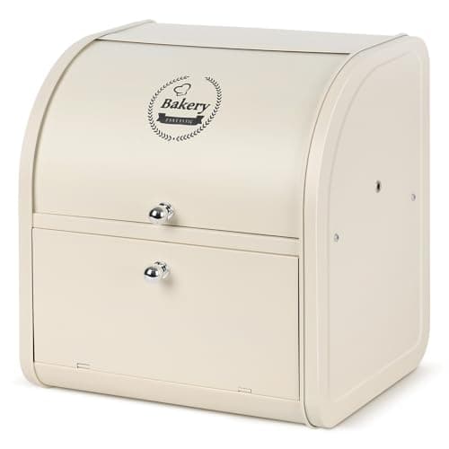 Image of Nymblis Bread Bin, Bread Bins for Kitchen, Double Bread Box with Roll Top Lid, Cream Corner Bread Storage Containers, 30 x 25 x 33 cm