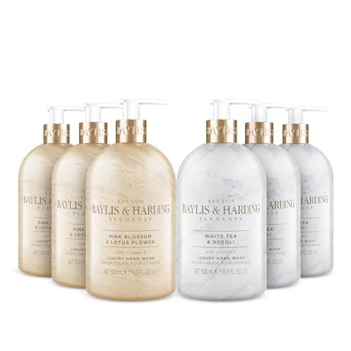 Image of Baylis & Harding Elements Hand Wash Bundle: 3 x 500 ml Pink Blossom & Lotus Flower & 3 x 500 ml White Tea & Neroli (6 bottles) - Vegan Friendly