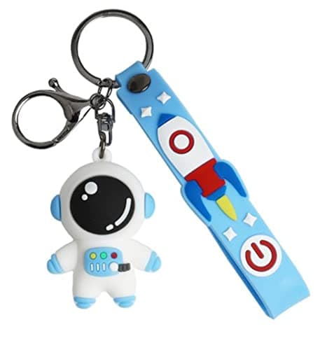 Image of Cartoon Space Astronaut Rocket Planet PVC Keychain Cute 3D Spaceman Figure Lanyard Key Rings Purse Charms for Handbags Backpack (Blue)
