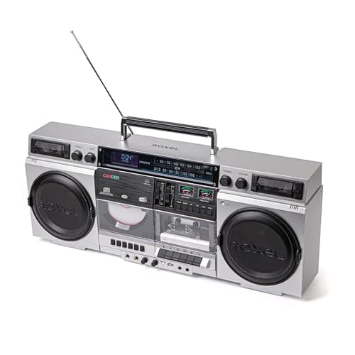 Image of Roxel Camden Retro Cassette CD Player Boombox with DAB/FM Radio, Portable Vintage Player, BT 5.3, USB/TF/SD Playback, Mains Power, Headphone Jack, Vintage Design (Silver)