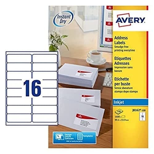 Image of Avery Self Adhesive Address Mailing Labels, Inkjet Printers, 16 Labels Per A4 Sheet, 1600 labels, QuickDRY (J8162), white
