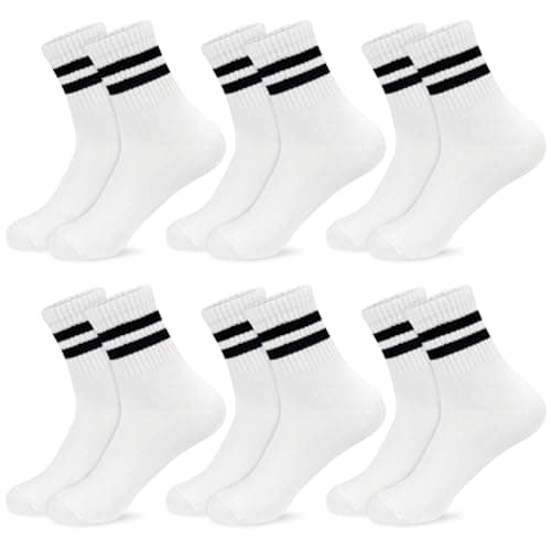Image of srclo Boys Girls Socks 6 Pairs Sports Crew Socks Kids Black White Grey Cotton School Athletic Socks 5-12 Years