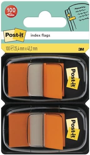 Image of Post-it Index Flags, Medium, Orange, 2 Dispensers 25.4 mm x 43.2 mm, 100 Flags - to Mark, Highlight or Color Code Important Information