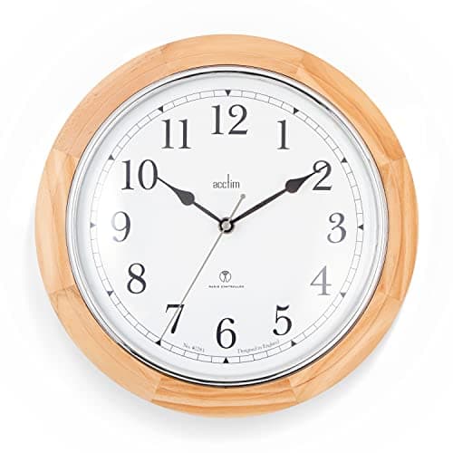 Image of Acctim Exton Radio Controlled Wall Clock Light Wood Colour Frame Silver Bezel 31cm