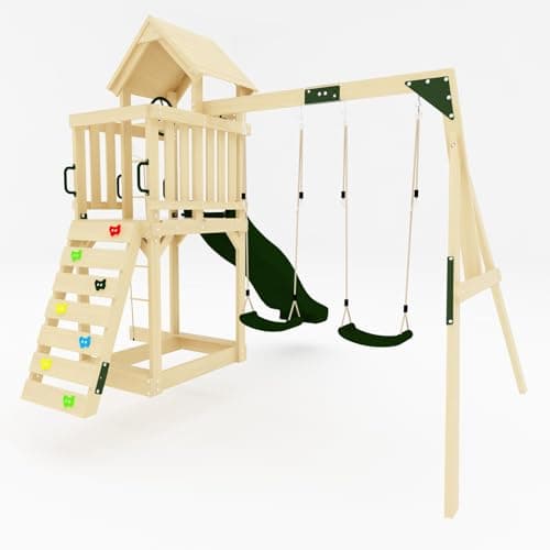 Image of GALACTICA Outdoor Wooden Swing and Slide Set for Kids, 2 Seats, Steering Wheel, Handles, Rock Wall & Rope Ladder, Telescope, Sturdy Weather-Resistant Frame