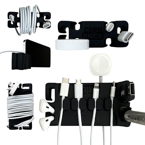 Image of CordBrick/DeskBrick Bundle Weighted Cord Holders for Nightstand & Desk - Phone Charger Cable Management Travel, Phone Accessory, Stocking Stuffer - Gift for Home, Office - Black