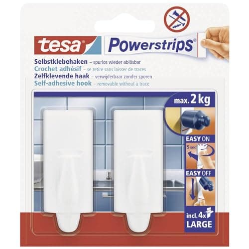 Image of tesa Powerstrips Hooks Large TREND - Removable Self-Adhesive Wall Hook for Glass, Tiles, Wood, Plastic and Other Surfaces - White - Holds Up to 2 kg