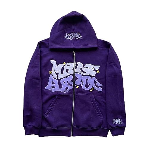 Image of ZENMANCHEN Y2k Hoodies Puff Print Hoodie Grunge Graphic Zip Up Hoodies Y2k Jacket Hip Hop Streetwear Aesthetic Sweatshirts, 1-purple, Large