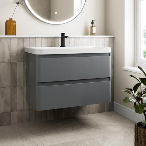 Image of Affine® 800mm Vanity Unit Wash Basin Sink Bathroom Wall Mounted Storage Cabinet Cupboard Cloakroom, Soft Close Drawers, Grey Gloss