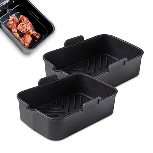 Image of Tower T843093 Set of 2 Rectangular Air Fryer Trays, Suitable for Most 6 Litre and Dual Basket Air Fryers, Reusable Silicone Liners, Black