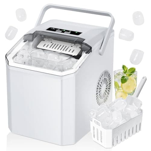 Image of Ice Maker Machine,9 Ice Cubes in 6 Mins,14KG in 24H,2 Bullet Ice Sizes,Self-Cleaning. Portable Ice Cube Maker with Handle, Ice Scoop and Basket for Home/Kitchen/Office/Bar (White)