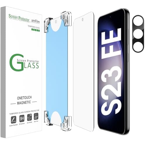 Image of amFilm 2+1 Magnetic OneTouch Compatible with Samsung Galaxy S23 FE Screen Protector 2023 Tempered Glass + Camera Lens Protector Full Coverage Fingerprint ID Compatible Easy Installation(Reusable)