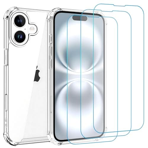 Image of Whioltl Case for iPhone 16 with 3 Pack Tempered Glass Screen Protectors, Crystal Clear Case for iPhone 16 6.1 inches, Anti-Scratch and Shock-Absorption Basic Phone Case, 4 in 1, Transparent