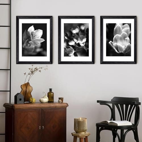 Image of LIYAOLI Framed Wall Art Paintings for Bedrooms,Black and White Wall Framed Pictures for Living Room 12 x 16 Inch Set of 3 Wall Art For Home Office Bathroom Decor Flower Paintings To Hang on Walls