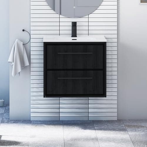 Image of Royal Bathrooms 600mm Wall Hung Bathroom Vanity Unit Ceramic Basin 2 Drawers Storage Cabinet Furniture - Black Woodgrain with Matt Black Handle