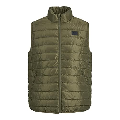 Image of JACK & JONES Mens Quilted Bodywarmer, Full Zip, collar, lightweight Padded Gilet, Available in Black and Olive Night Colour (XXL, Olive Night)