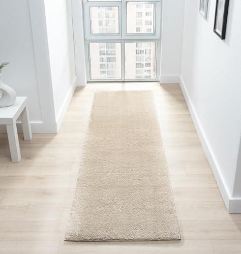 Image of Rugs by Desire Comfy Washable Modern Living Room Rug Polyester Plain Indoor Area Rug with Low Pile - Anti-Slip Felt Backing SuperSoft Carpet Bedroom-Hallway, Light Beige, 60x200 cm