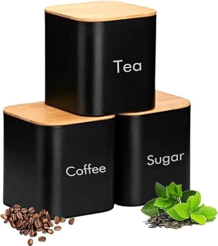 Image of Tuzsocr 3 Pack Tea Sugar Coffee Canister Set with Bamboo Lids Kitchen Storage, 10 X 10 X 12CM