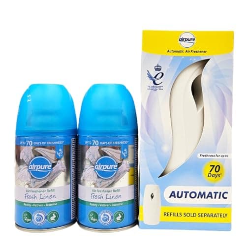 Image of Airpure Air Freshener Bundle Pack: Enjoy Continuous Freshness with 2 Fresh Linen Tin Refills and an Automatic Air Freshener Device - Perfect for Effortless Home Odor Control and Invigorating Scent