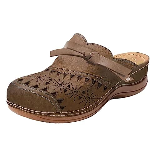 Image of Clogs Slipper for Women Leather Comfort Wedge Sandals Hollow Out Mules Outdoor Closed Toe Slip On Platform Shoes Outdoor Beach Mule Slides Brown