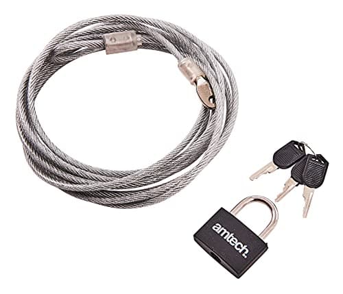 Image of Amtech 3m x 4mm Braided Steel Security Cable & Padlock Set, Vinyl Coated with 30mm Brass Padlock and 3 Keys, for Bikes, Tools and Garden Equipment.