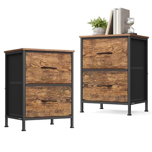 Image of SONGMICS BELLAH Collection - Bedside Table with 2 Drawers, Side End Tables, for Bedroom, Steel, Set of 2, Industrial, Rustic Brown and Ink Black LGS112KD01