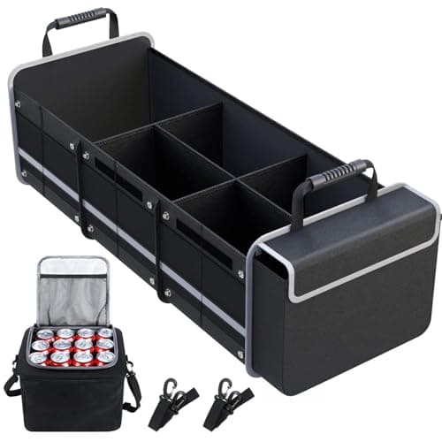 Image of XXL Car Boot Organiser with Cooler Bag, Expandable Car Boot Tidy Van Storage Box for Camping Accessories Extra Large Collapsible Compartment Car Seat Organiser for Trunk Ford Jeep SUV Most Vehicles