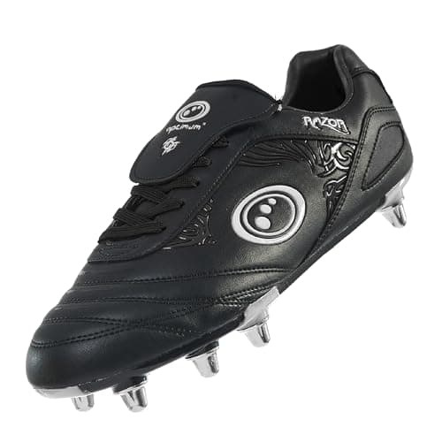 Image of Optimum Razor Mens Rugby Boots, Lightweight 8 Stud Design Crafted for Elite Traction & Power to Drive Through the Scrum, Performance Ready for Soft Ground (SG) Grass Pitches - Black/Silver, Size 10