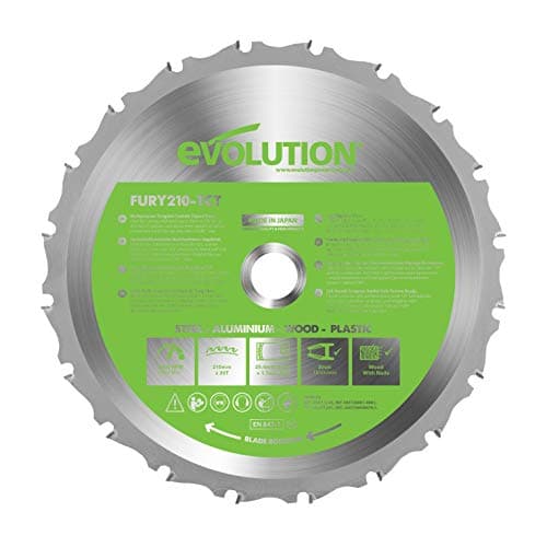 Image of Evolution Power Tools FURY210-TCT Multi-Material Blade For Mitre Saws, Cuts Metal, Plastics, Laminates, Wood (Even with Embedded Nails), Carbide Tipped, 210 mm