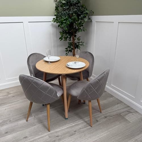 Image of Life Interiors Lucia Dining Set with Round Table and Set of 4 Lucia Velvet Dining Chairs - oak table grey chairs