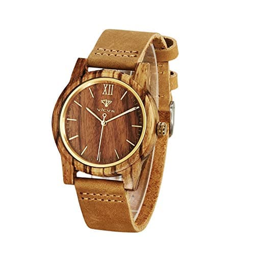 Image of VICVS Wooden Watches for Men and Women, Natural Walnut/Olive Wood Japanese Quartz Chronograph, Adjustable Strap, Military Sports and Leisure (Zebra-1)