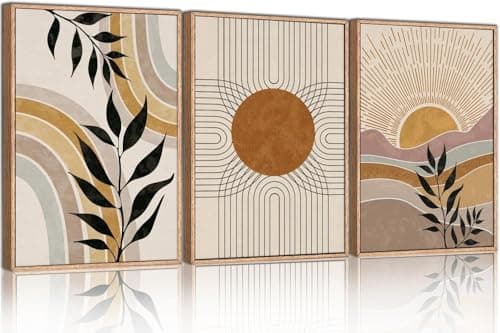 Image of TOARTi Boho Framed Canvas Wall Art Prints,Set of 3 Mid Century Modern Wall Decor,Nature Plants Desert Sun Art Paintings,Bohemian Artwork for Living Room,Bedroom,Dining Room,Office - 16x24inchx3