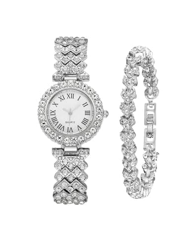 Image of 422 Store Luxury Women's Crystal Quartz Watch Set, Silver Roman Numeral Dial, Rhinestone Bracelet Watch with Matching Tennis Bracelet, Fashion Dress Wristwatch (Silver)