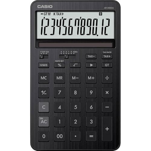 Image of CASIO JW-200DQ medium-sized desktop calculator with aluminum front, black
