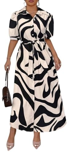 Image of Women's Vintage Abstract Print Belted Shirt Midi Dress with Puff Sleeves & Pockets for Office Casual Date, -1, XXL