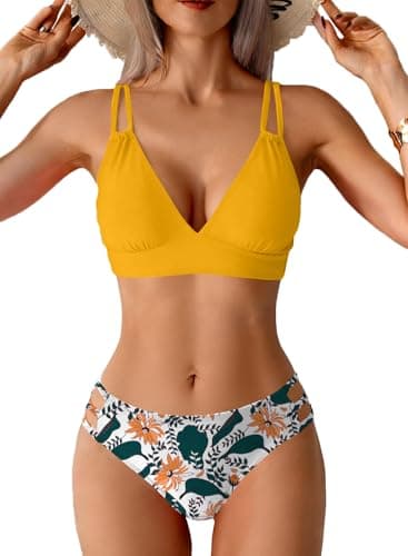 Image of CheChury Women's Sexy Bikini Sets V Neck Hollow Out Two Piece Swimsuits Cutout Mid Waist Brazilian Bikinis for Women UK,Yellow,L