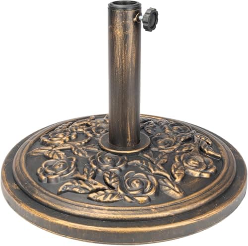 Image of Anikees Heavy Duty Parasol Base 9kg – Cast Iron Garden Umbrella Stand with Decorative Floral Pattern, Bronze Finish for Patio, Deck & Outdoor Canopies (bronze)