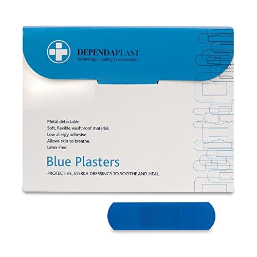 Image of Dependaplast Food Area Blue Plasters With High Visibility And Metal Detection Properties, Easily Detectable, Individually Wrapped 7.5 cm x 2.5 cm, Blue (Pack of 100)
