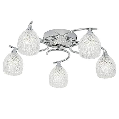Image of 410mm Semi Flush Ceiling Mounted Pendant Light | Chrome & Textured Patterned Glass Shade | 5X G9 Lamp Bulbs | Over Head Modern Hanging Living Room Table Light | Multi Light Feature Chandelier