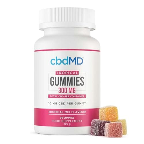 Image of cbdMD Tropical Gummies 300mg - CBD Gummies, Mild Strength Gummy for Smooth Relaxation, Infused with Broad-Spectrum Hemp Extract, No THC, Tropical Mix Flavour, 30 Count