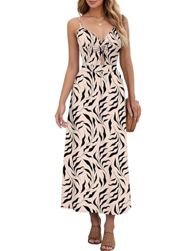 Image of AUSELILY Summer Dress V Neck Maxi Dresses Spaghetti Strap Twist-Front Keyhole Cutout A-line Wrap Dress with Pockets Apricot Leaves New L