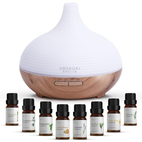 Image of ASAKUKI 300ml Essential Oil Diffuser with 8 Essential Oils Set, Aroma Oil Diffusers with 7 Colour LED Lights, Auto Shut-off & Timer, Ultrasonic Cool Mist Humidifier for Home Bedroom Office Yoga Room