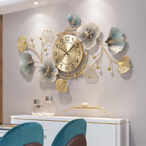 Image of GZDDYUMYJX Large Wall Clock,Clocks for Living Room,Silent Wall Clock,3D Creative Metal Ginkgo Leaf Design, for Bedroom Kitchen Decorative Wall Clocks (Blue Gold, 32‘’x18‘’/83x48cm)