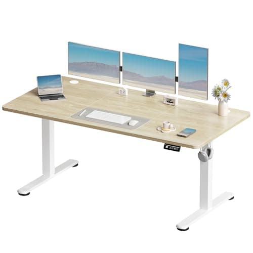Image of Devoko Electric Standing Desk 160x60cm Sit Stand Table Height Adjustable Desk with Backpack Hook and Memory Smart Pannel, Home Office Desk with Splice Board, Beige
