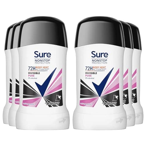 Image of Sure Antiperspirant Deodorant Stick Invisible Pure 72H Nonstop Sweat and Odour Protection Roll On with Fresh and Light Scent Deodorant for Women, 50ml Pack of 6